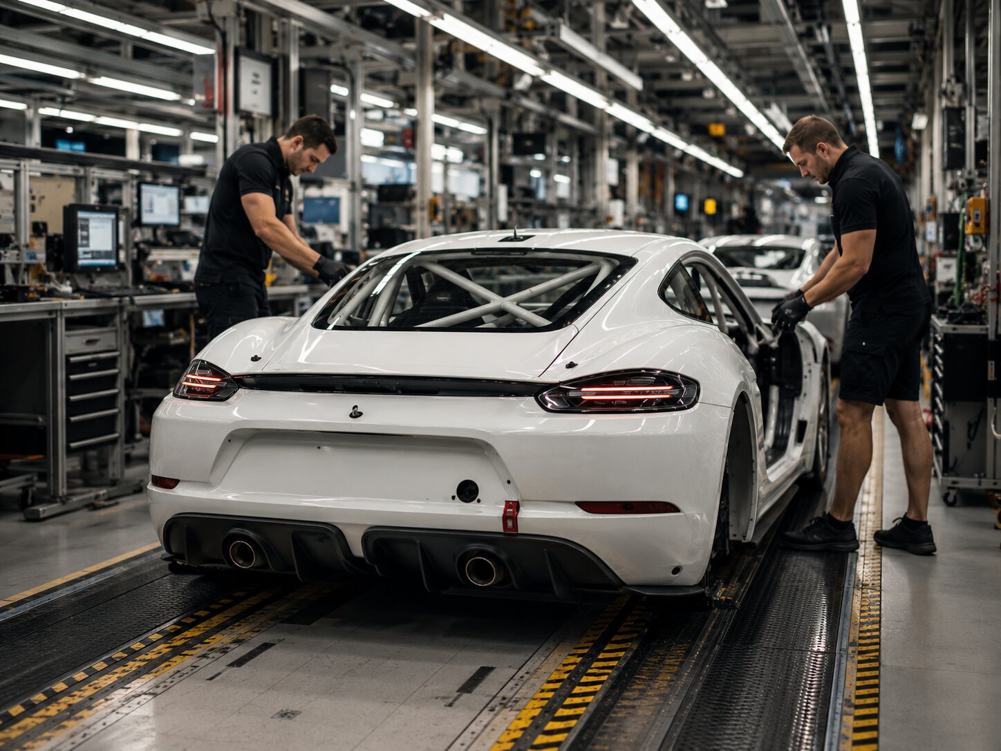 A white customer race car being completed on an assembly line