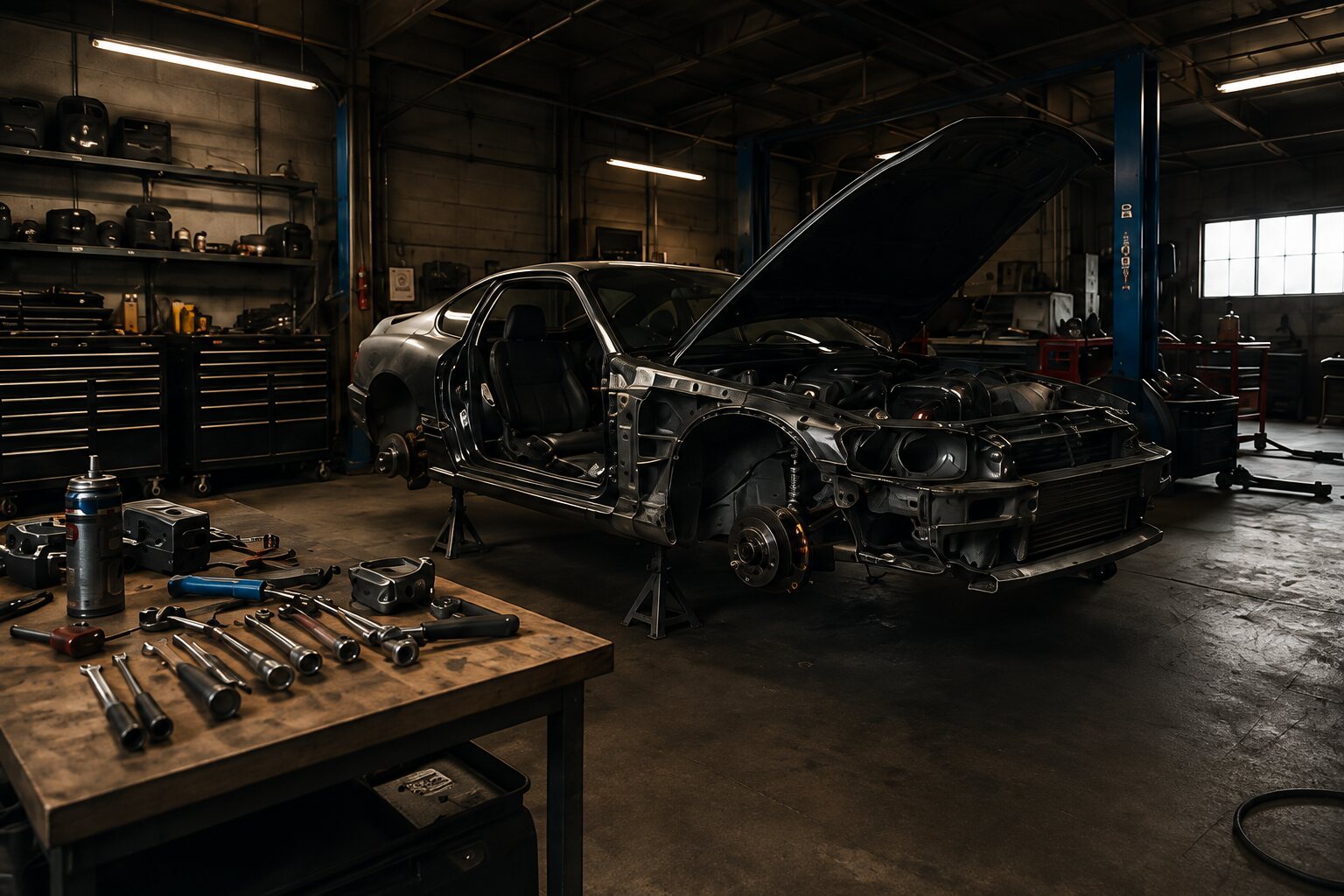 A performance coupe mid-build in an enthusiast workshop
