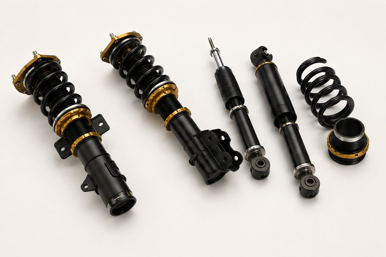 An adjustable street-performance coilover kit arranged on a warm studio surface
