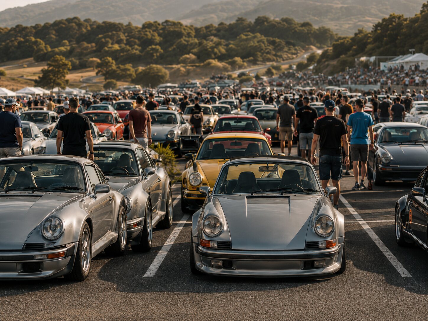 A large gathering of sports-car owners in the countryside