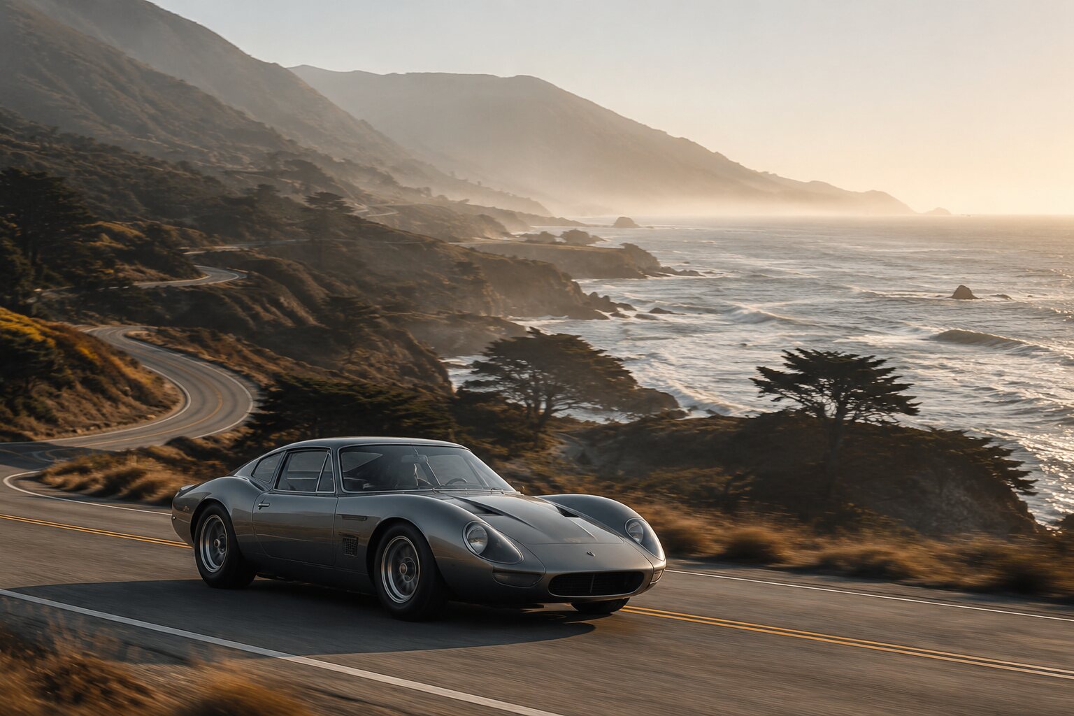 A vintage sports coupe driving along the Monterey coast
