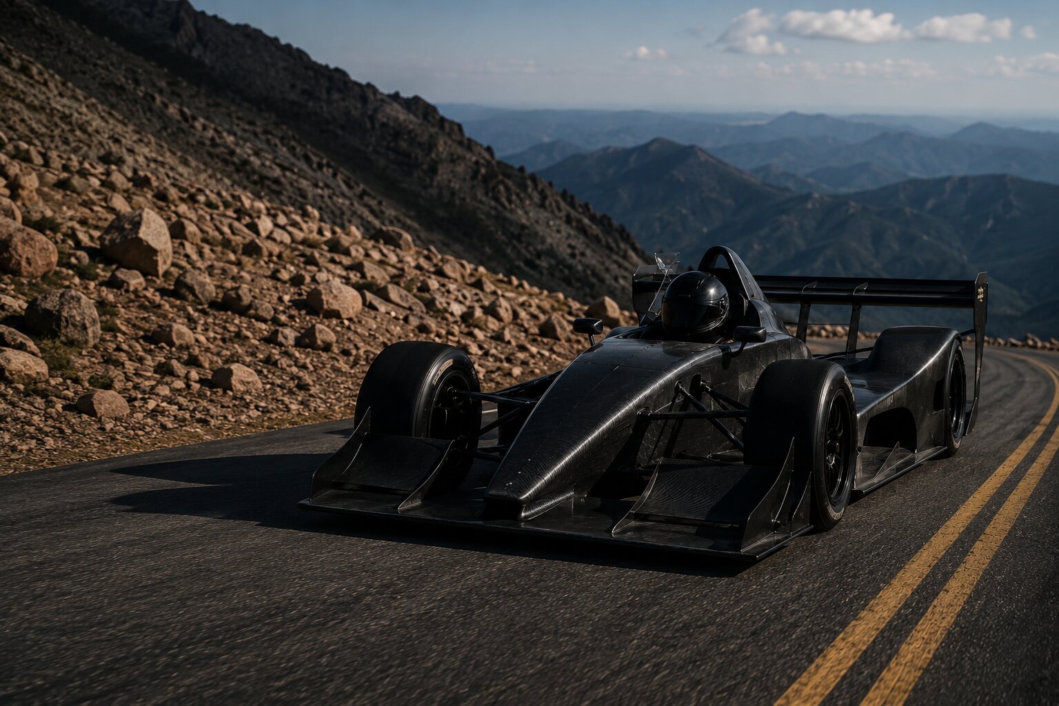 A black open-cockpit hillclimb car on a paved road above the tree line