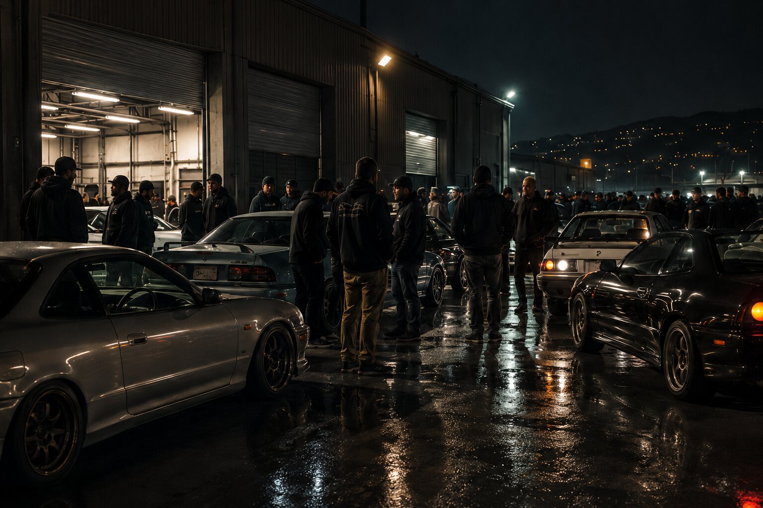 Enthusiasts talking around cars outside independent workshops at night